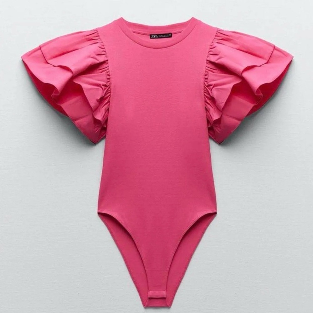 Zara Hot Pink Ruffle Sleeve Bodysuit SZ Large Statement Piece Coquette NWT